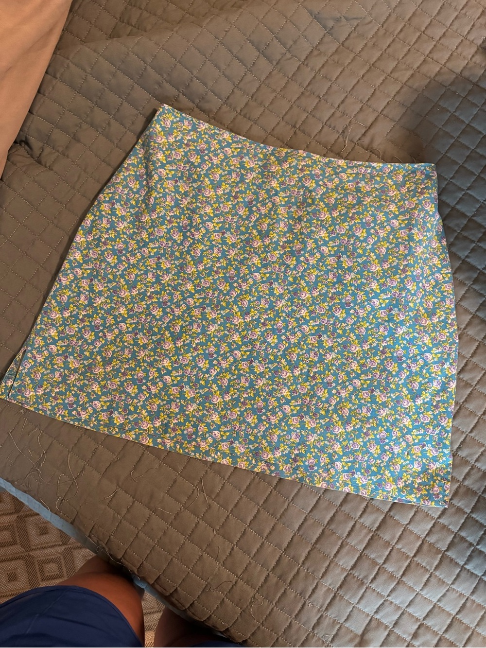 Vintage Blue Mini Skirt with Yellow & Pink Floral Print